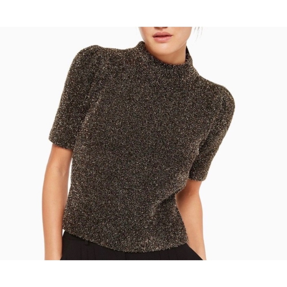 Kate Spade New York Metallic Gold Black Eyelash Knit Mock Neck Sweater Top M